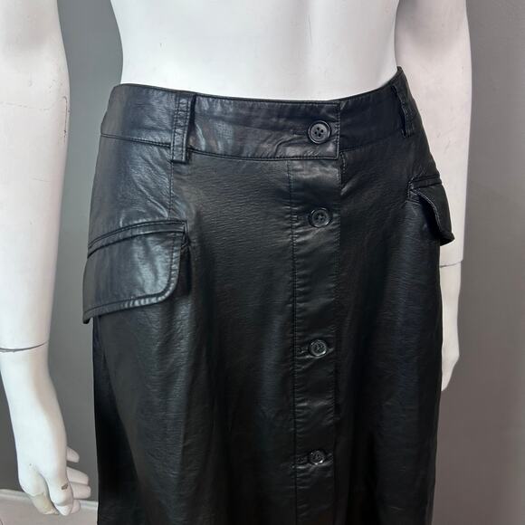 Banana Republic skirt 4 black faux leather a-line button up front midi retro - Picture 5 of 9